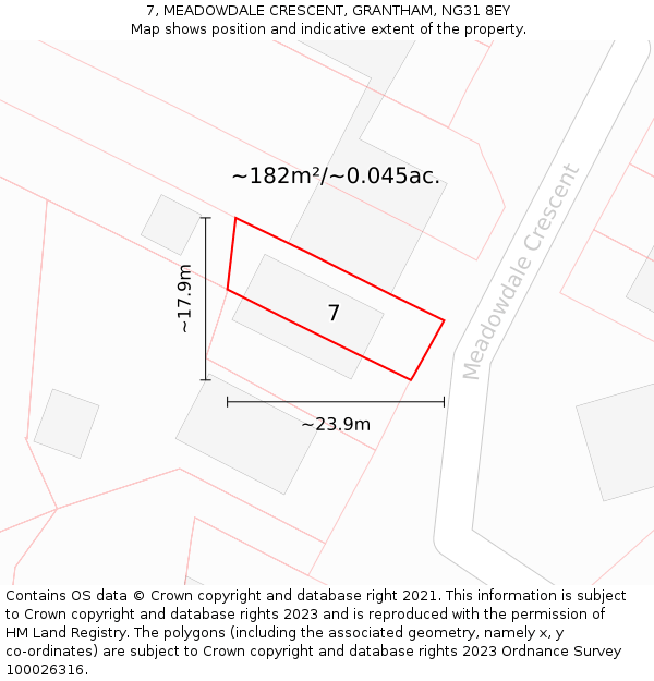 7, MEADOWDALE CRESCENT, GRANTHAM, NG31 8EY: Plot and title map