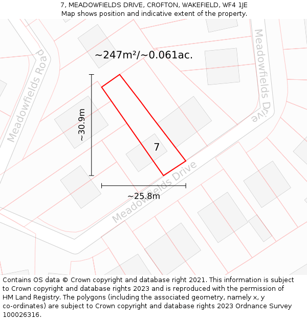 7, MEADOWFIELDS DRIVE, CROFTON, WAKEFIELD, WF4 1JE: Plot and title map