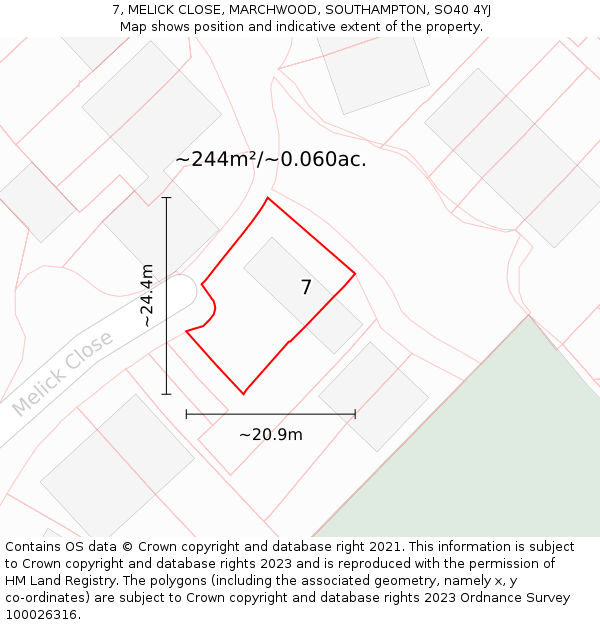 7, MELICK CLOSE, MARCHWOOD, SOUTHAMPTON, SO40 4YJ: Plot and title map