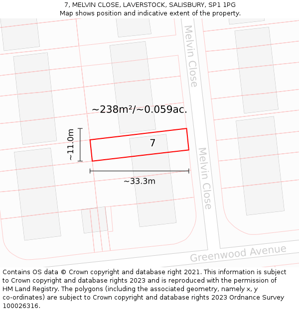 7, MELVIN CLOSE, LAVERSTOCK, SALISBURY, SP1 1PG: Plot and title map