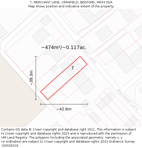 7, MERCHANT LANE, CRANFIELD, BEDFORD, MK43 0DA: Plot and title map