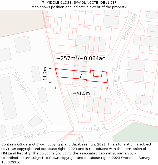 7, MIDDLE CLOSE, SWADLINCOTE, DE11 0EF: Plot and title map