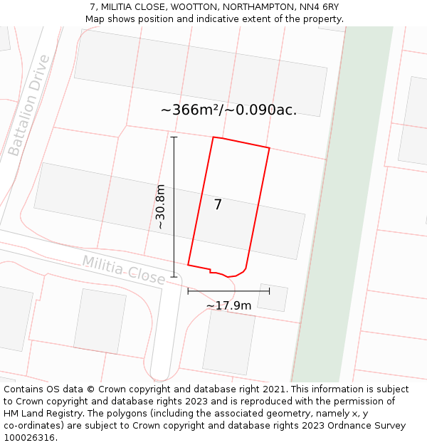 7, MILITIA CLOSE, WOOTTON, NORTHAMPTON, NN4 6RY: Plot and title map