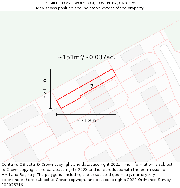 7, MILL CLOSE, WOLSTON, COVENTRY, CV8 3PA: Plot and title map