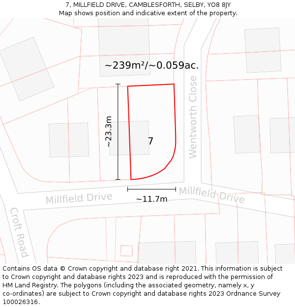 7, MILLFIELD DRIVE, CAMBLESFORTH, SELBY, YO8 8JY: Plot and title map