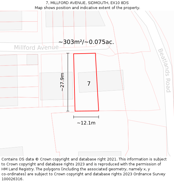 7, MILLFORD AVENUE, SIDMOUTH, EX10 8DS: Plot and title map