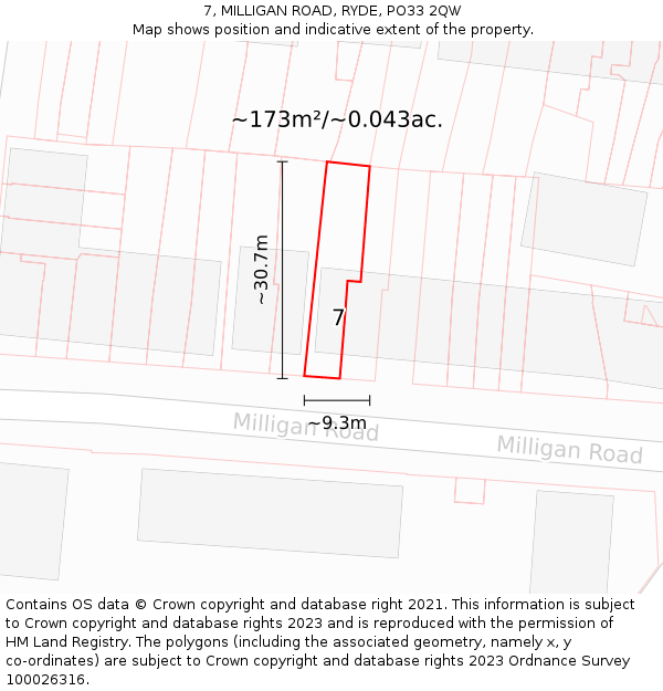 7, MILLIGAN ROAD, RYDE, PO33 2QW: Plot and title map