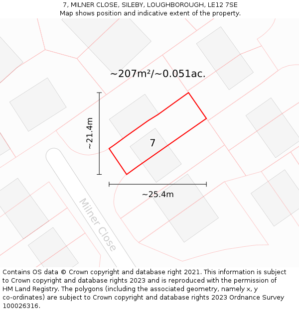 7, MILNER CLOSE, SILEBY, LOUGHBOROUGH, LE12 7SE: Plot and title map