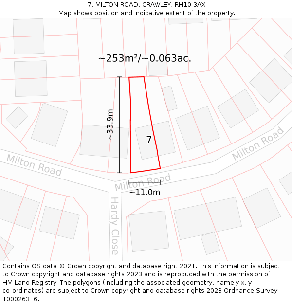 7, MILTON ROAD, CRAWLEY, RH10 3AX: Plot and title map