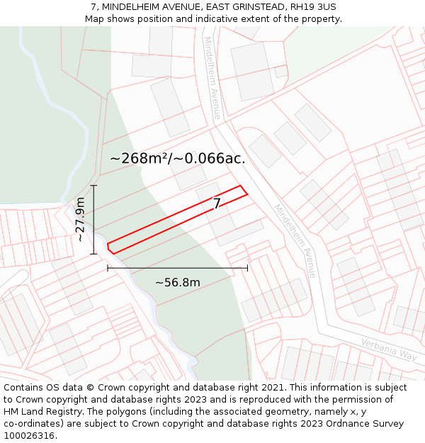 7, MINDELHEIM AVENUE, EAST GRINSTEAD, RH19 3US: Plot and title map