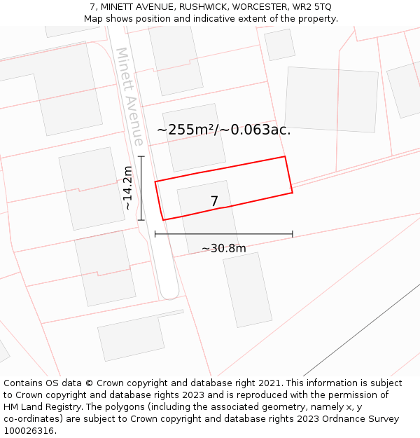 7, MINETT AVENUE, RUSHWICK, WORCESTER, WR2 5TQ: Plot and title map