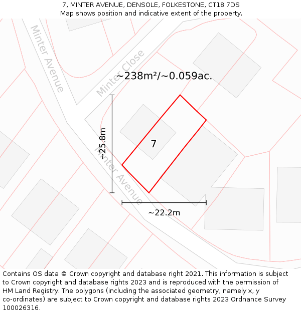 7, MINTER AVENUE, DENSOLE, FOLKESTONE, CT18 7DS: Plot and title map