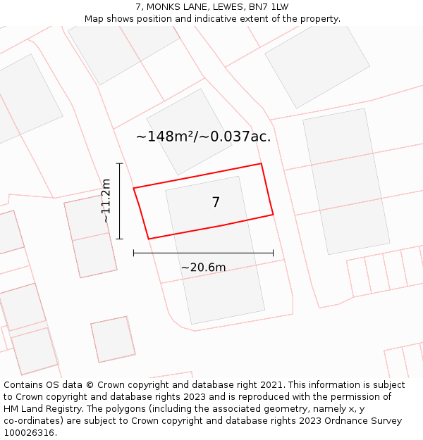 7, MONKS LANE, LEWES, BN7 1LW: Plot and title map