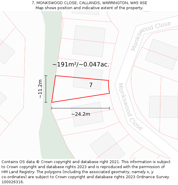 7, MONKSWOOD CLOSE, CALLANDS, WARRINGTON, WA5 9SE: Plot and title map