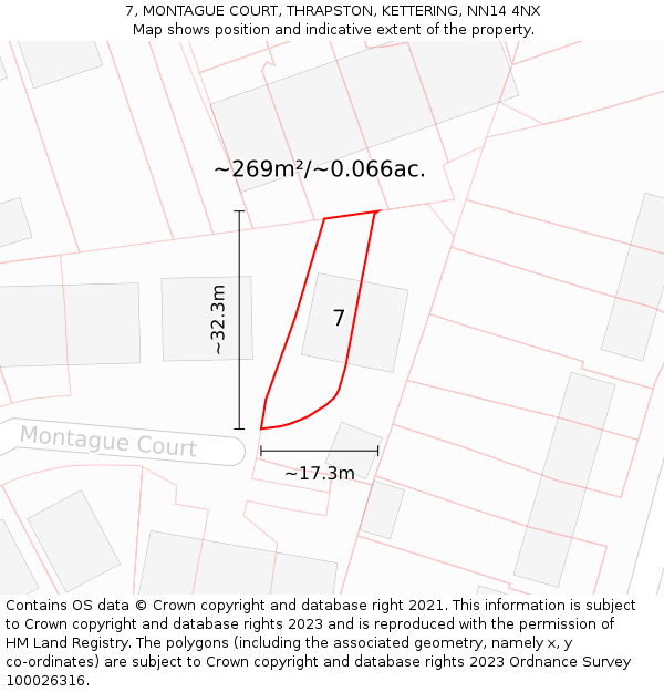 7, MONTAGUE COURT, THRAPSTON, KETTERING, NN14 4NX: Plot and title map