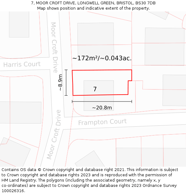 7, MOOR CROFT DRIVE, LONGWELL GREEN, BRISTOL, BS30 7DB: Plot and title map