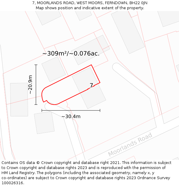 7, MOORLANDS ROAD, WEST MOORS, FERNDOWN, BH22 0JN: Plot and title map