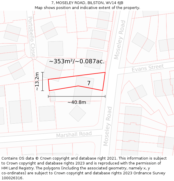 7, MOSELEY ROAD, BILSTON, WV14 6JB: Plot and title map