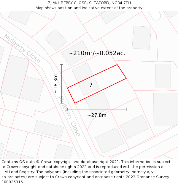 7, MULBERRY CLOSE, SLEAFORD, NG34 7FH: Plot and title map