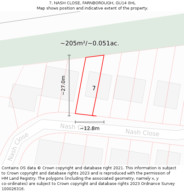 7, NASH CLOSE, FARNBOROUGH, GU14 0HL: Plot and title map