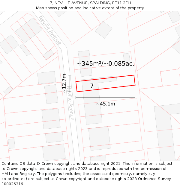 7, NEVILLE AVENUE, SPALDING, PE11 2EH: Plot and title map