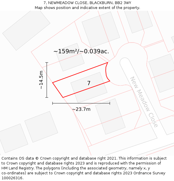 7, NEWMEADOW CLOSE, BLACKBURN, BB2 3WY: Plot and title map