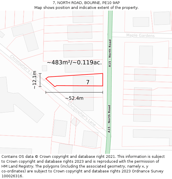 7, NORTH ROAD, BOURNE, PE10 9AP: Plot and title map