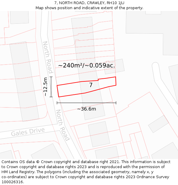 7, NORTH ROAD, CRAWLEY, RH10 1JU: Plot and title map