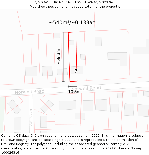 7, NORWELL ROAD, CAUNTON, NEWARK, NG23 6AH: Plot and title map