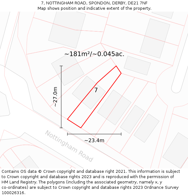 7, NOTTINGHAM ROAD, SPONDON, DERBY, DE21 7NF: Plot and title map