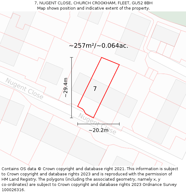 7, NUGENT CLOSE, CHURCH CROOKHAM, FLEET, GU52 8BH: Plot and title map