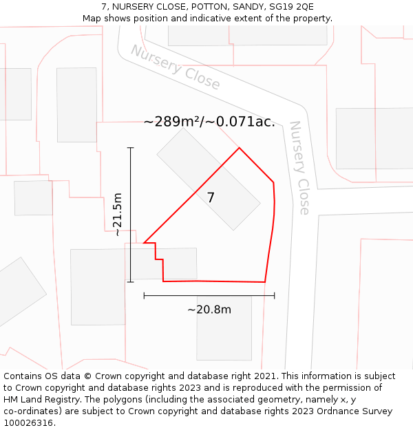 7, NURSERY CLOSE, POTTON, SANDY, SG19 2QE: Plot and title map