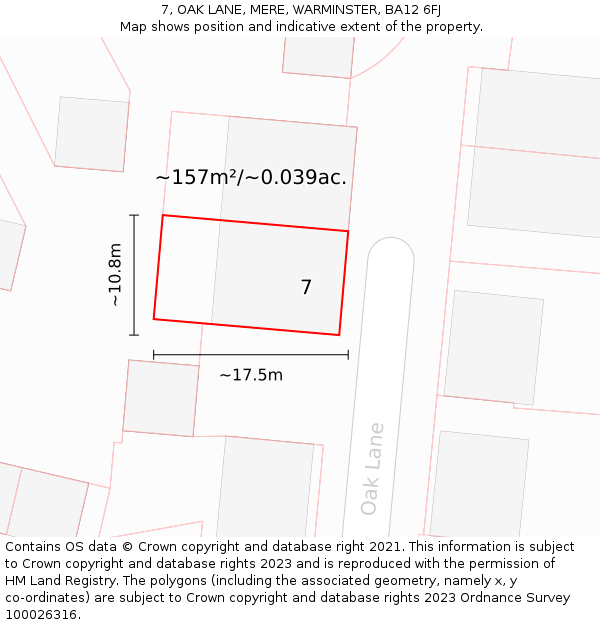 7, OAK LANE, MERE, WARMINSTER, BA12 6FJ: Plot and title map