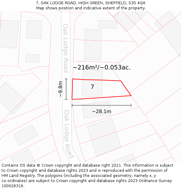 7, OAK LODGE ROAD, HIGH GREEN, SHEFFIELD, S35 4QA: Plot and title map