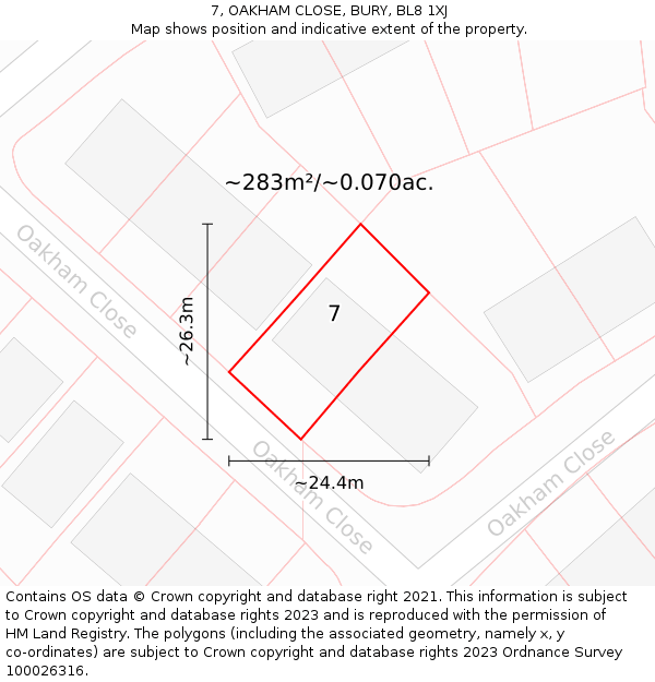 7, OAKHAM CLOSE, BURY, BL8 1XJ: Plot and title map