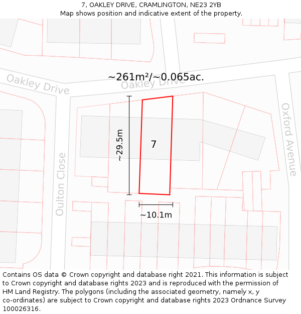 7, OAKLEY DRIVE, CRAMLINGTON, NE23 2YB: Plot and title map