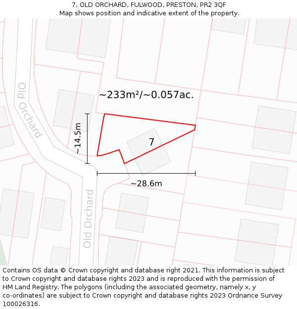 7, OLD ORCHARD, FULWOOD, PRESTON, PR2 3QF: Plot and title map