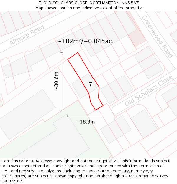 7, OLD SCHOLARS CLOSE, NORTHAMPTON, NN5 5AZ: Plot and title map