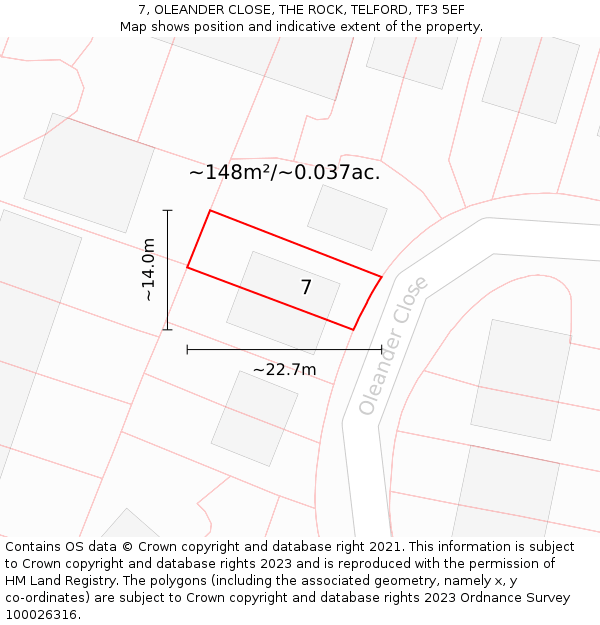 7, OLEANDER CLOSE, THE ROCK, TELFORD, TF3 5EF: Plot and title map