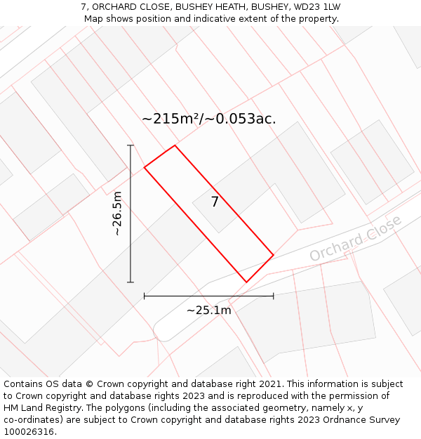 7, ORCHARD CLOSE, BUSHEY HEATH, BUSHEY, WD23 1LW: Plot and title map