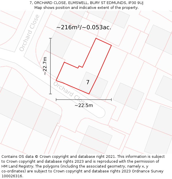 7, ORCHARD CLOSE, ELMSWELL, BURY ST EDMUNDS, IP30 9UJ: Plot and title map