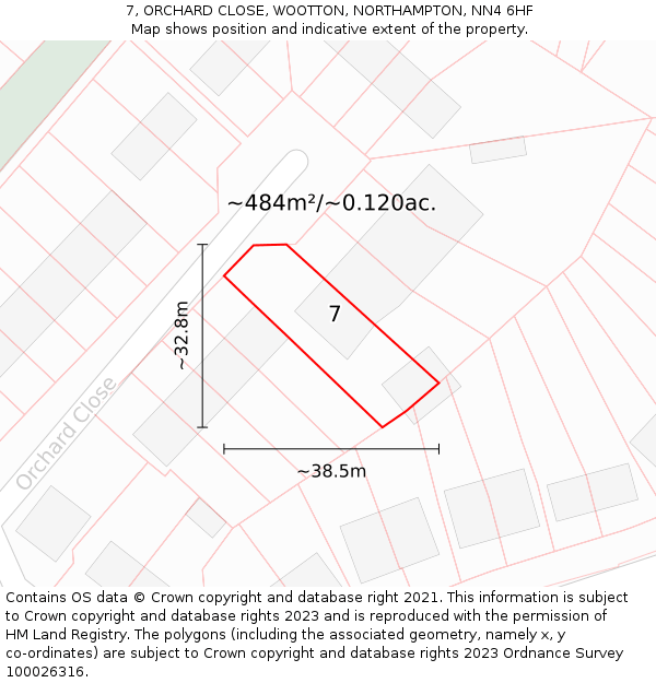 7, ORCHARD CLOSE, WOOTTON, NORTHAMPTON, NN4 6HF: Plot and title map