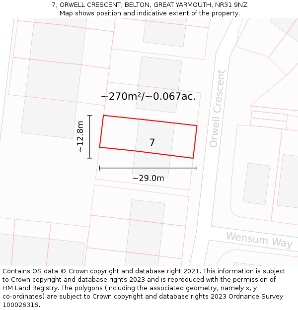 7, ORWELL CRESCENT, BELTON, GREAT YARMOUTH, NR31 9NZ: Plot and title map