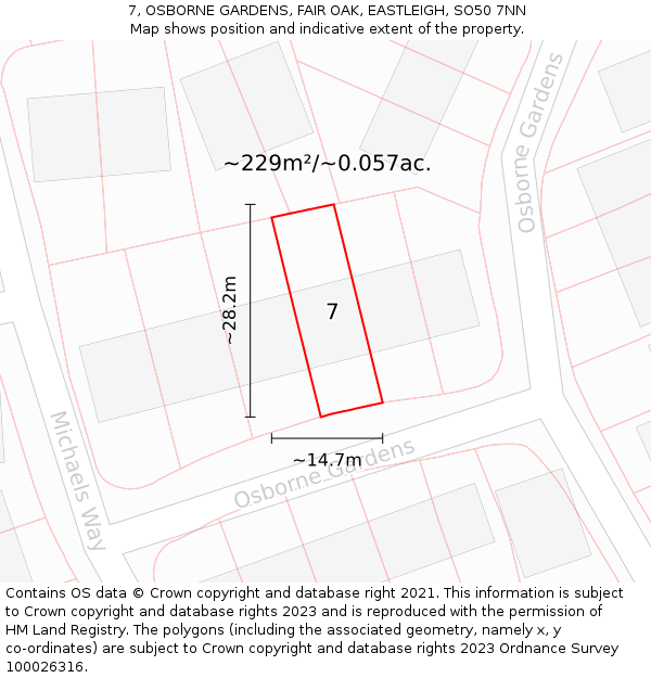 7, OSBORNE GARDENS, FAIR OAK, EASTLEIGH, SO50 7NN: Plot and title map