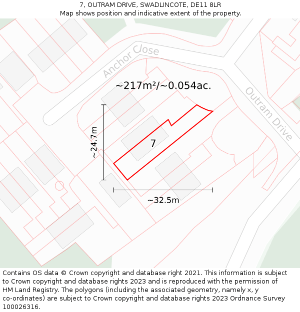 7, OUTRAM DRIVE, SWADLINCOTE, DE11 8LR: Plot and title map