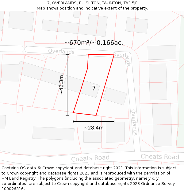 7, OVERLANDS, RUISHTON, TAUNTON, TA3 5JF: Plot and title map