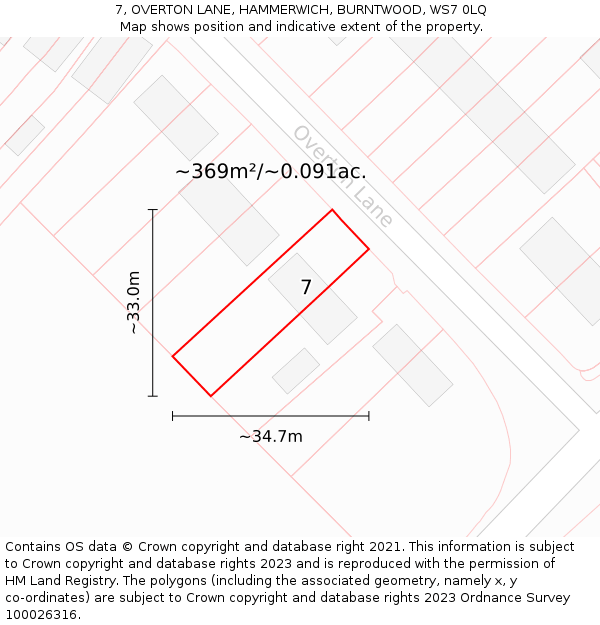 7, OVERTON LANE, HAMMERWICH, BURNTWOOD, WS7 0LQ: Plot and title map