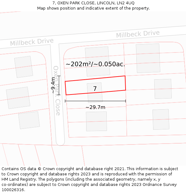 7, OXEN PARK CLOSE, LINCOLN, LN2 4UQ: Plot and title map
