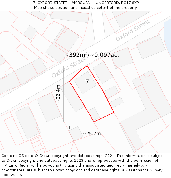 7, OXFORD STREET, LAMBOURN, HUNGERFORD, RG17 8XP: Plot and title map