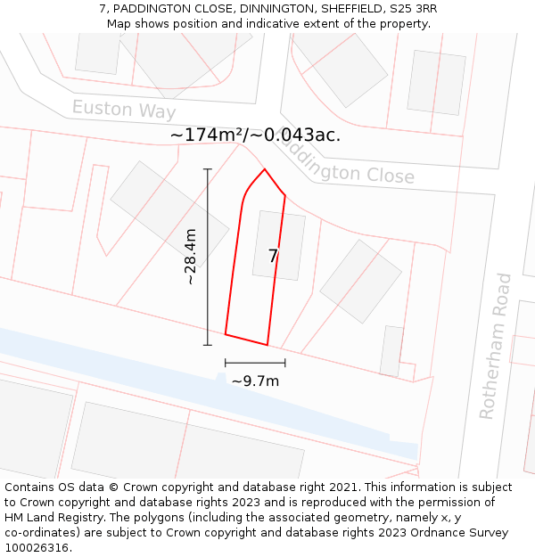 7, PADDINGTON CLOSE, DINNINGTON, SHEFFIELD, S25 3RR: Plot and title map